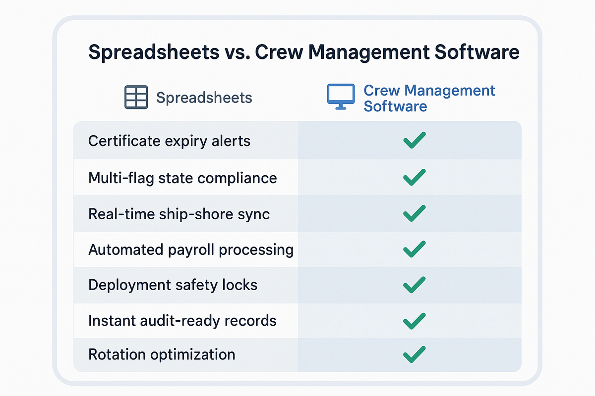 Feature comparison table showing seven capabilities where crew management software outperforms spreadsheets: certificate alerts, multi-flag compliance, real-time sync, automated payroll, deployment locks, audit readiness, and rotation optimization.