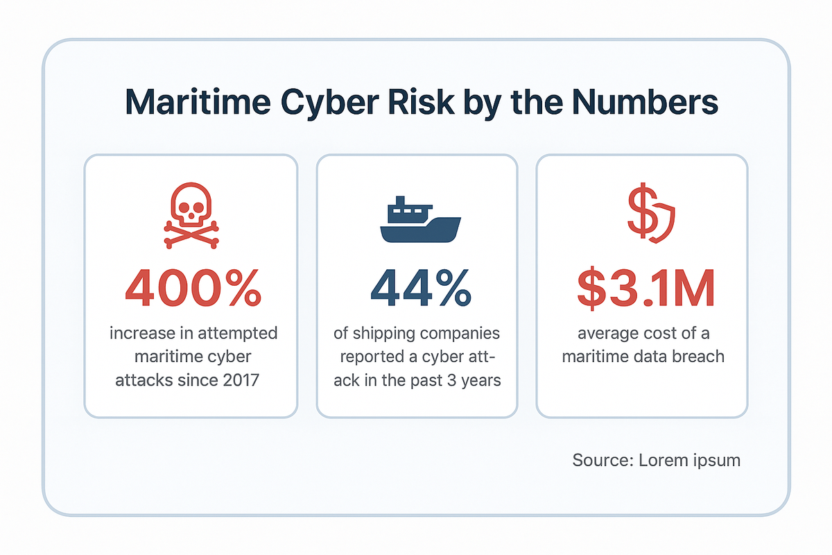 Three cyber risk statistics: 400 percent increase in maritime cyber attacks since 2017, 44 percent of shipping companies experienced an attack in the past three years, and 3.1 million dollar average cost of a maritime data breach.