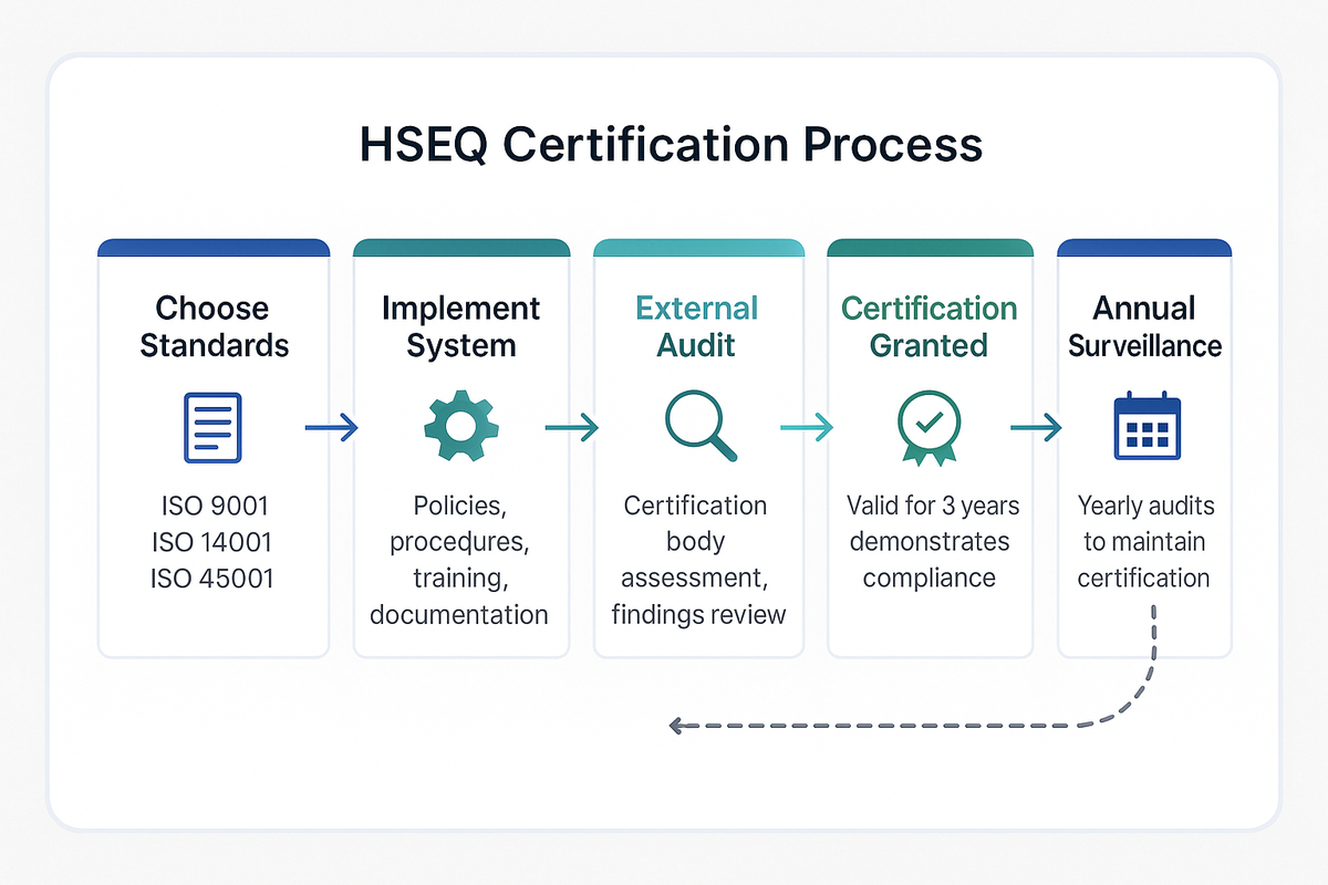 Five-step process flow showing the HSEQ certification journey: choose standards, implement system, external audit, certification granted, and annual surveillance with a continuous improvement loop.