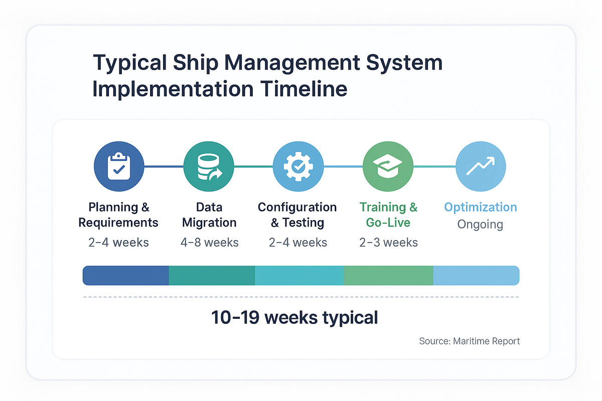 Implementation timeline showing five phases: planning and requirements at 2 to 4 weeks, data migration at 4 to 8 weeks, configuration and testing at 2 to 4 weeks, training and go-live at 2 to 3 weeks, and ongoing optimization.
