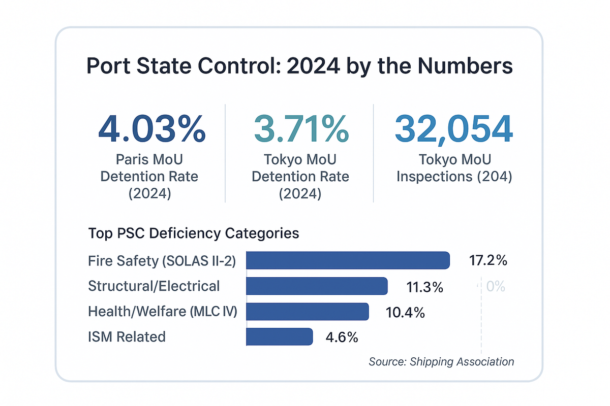 Port state control statistics for 2024 showing Paris MoU detention rate of 4.03%, Tokyo MoU rate of 3.71% across 32,054 inspections, with fire safety as the top deficiency category at 17.2%.