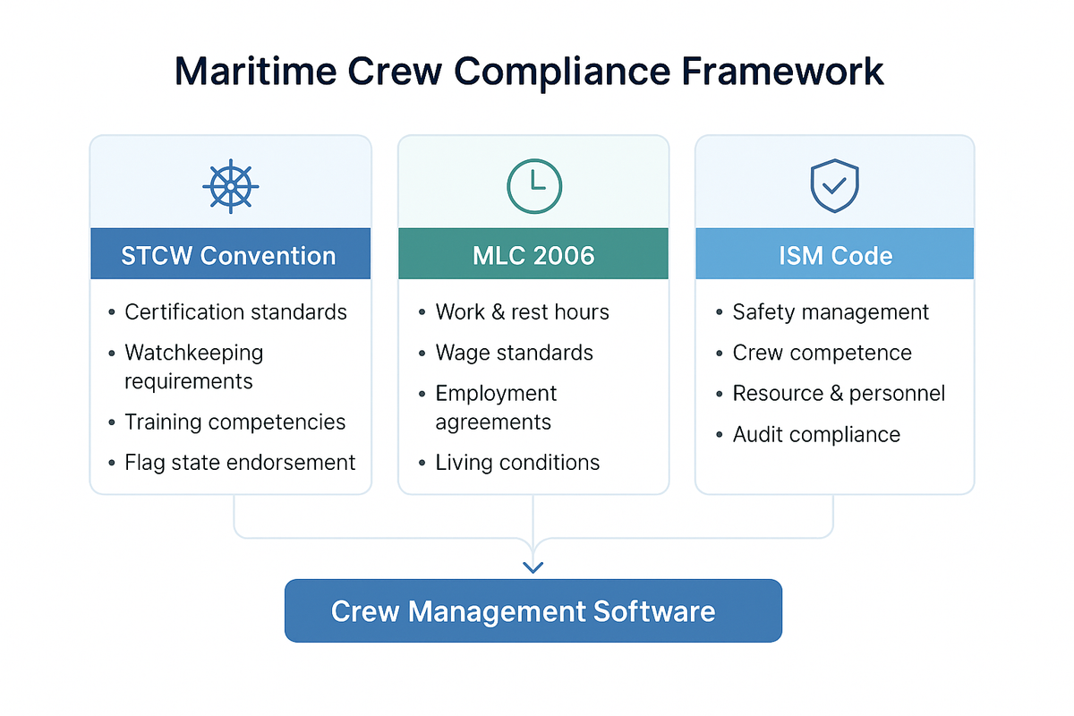 Three-column diagram comparing STCW Convention, MLC 2006, and ISM Code regulatory frameworks, showing how crew management software integrates compliance across all three.
